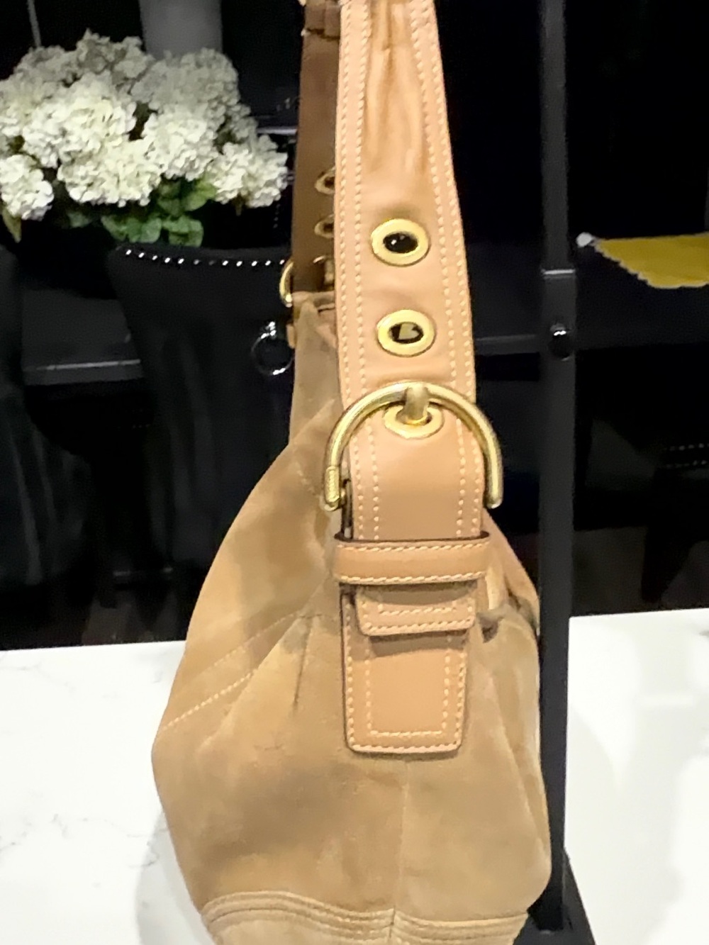 Coach Suede Hobo Bag in Light Tan with Gold Hardware - Picture 6 of 11